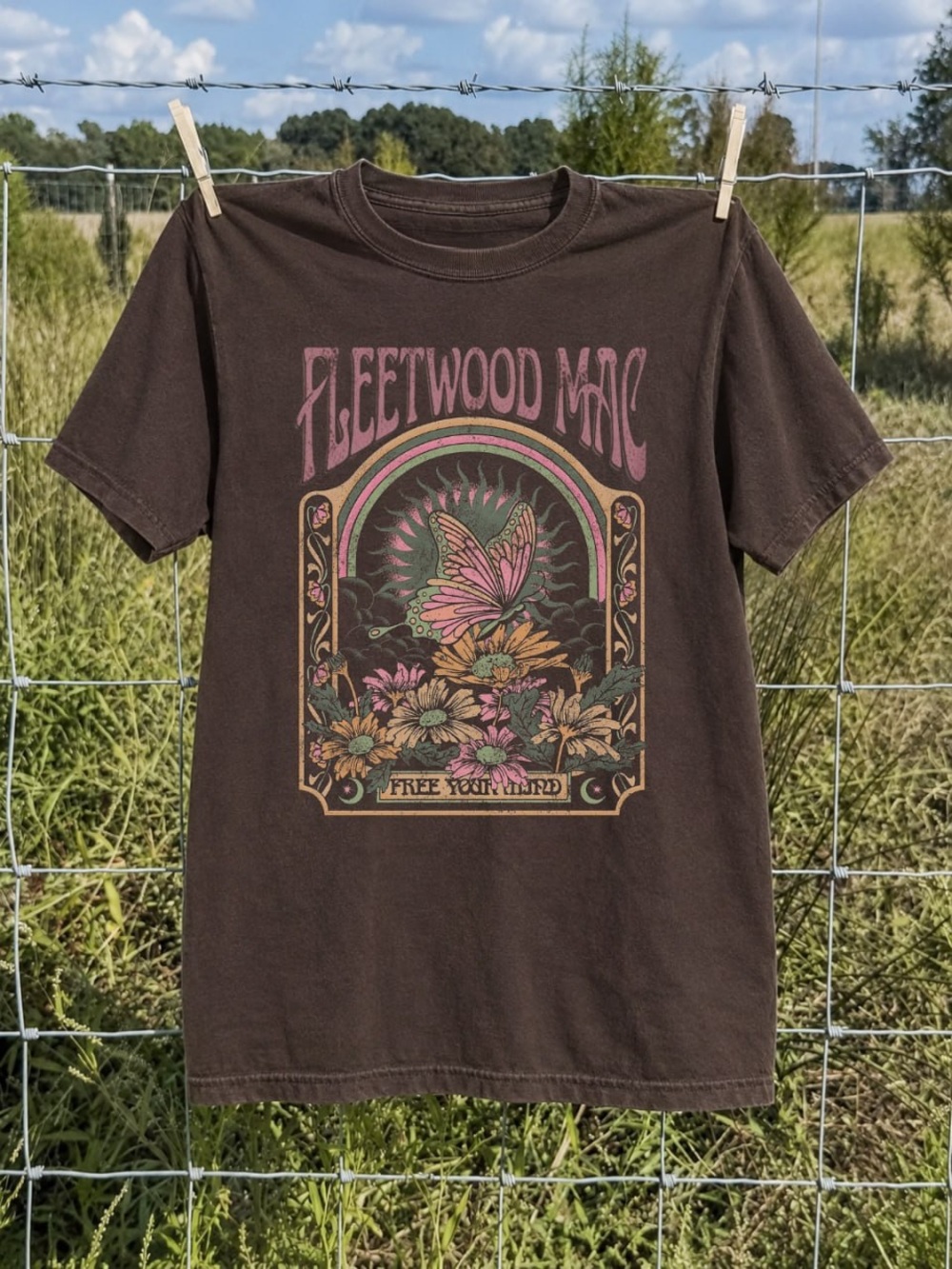 Brown Graphic T-Shirt - Vintage Butterfly Design